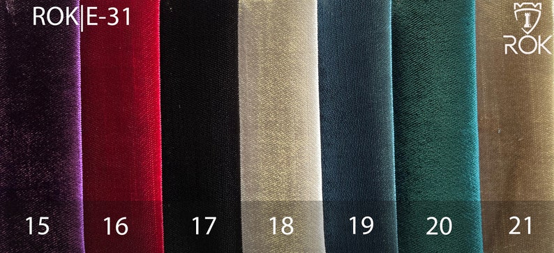 May include: A close-up of seven fabric swatches in different colors. The swatches are labeled with numbers 15 through 21. The fabric is a velvet texture.