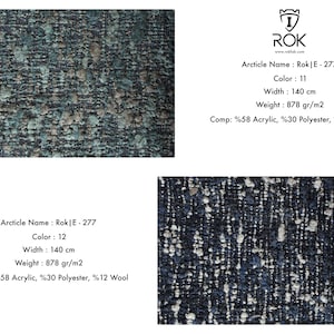 Puede incluir: Muestra textil con un tejido texturizado en tonos turquesa, gris y azul marino. La tela tiene un aspecto moteado. La imagen incluye texto: Nombre del art&iacute;culo: Rok|E-277, Color: 11, Ancho: 140 cm, Peso: 878 gr/m2, Comp: %58 Acr&iacute;lico, %30 Poli&eacute;ster, %12 Lana.