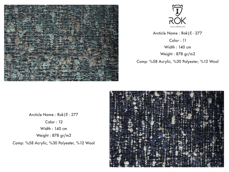 Puede incluir: Muestra textil con un tejido texturizado en tonos turquesa, gris y azul marino. La tela tiene un aspecto moteado. La imagen incluye texto: Nombre del art&iacute;culo: Rok|E-277, Color: 11, Ancho: 140 cm, Peso: 878 gr/m2, Comp: %58 Acr&iacute;lico, %30 Poli&eacute;ster, %12 Lana.