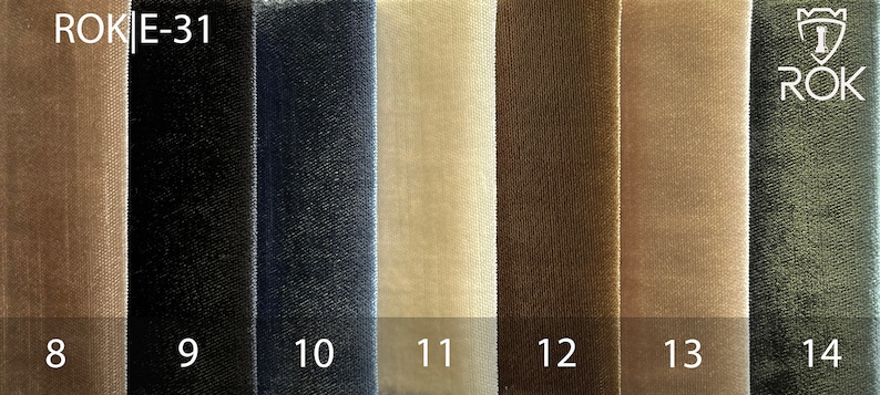 May include: A close-up of eight fabric swatches in different colors, including beige, black, dark blue, light beige, brown, light brown, and green. The swatches are labeled with numbers 8 through 14. The text "ROKiE-31" is visible at the top of the image.