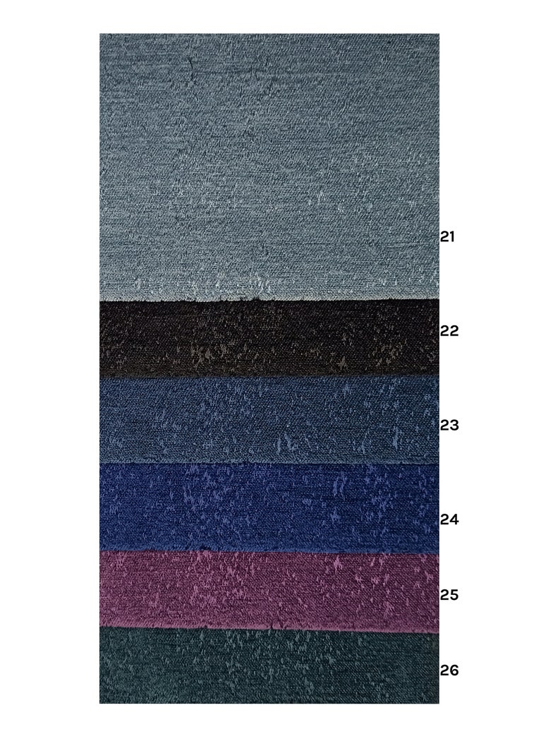 May include: Six fabric swatches in various shades of blue, black, purple, and green. The swatches are arranged vertically, with the lightest shade at the top and the darkest shade at the bottom.