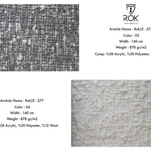 Puede incluir: Muestras de tela Rok|E-277 en dos colores, 03 y 04. El color 03 es un tejido moteado gris y blanco, mientras que el color 04 es un tejido texturizado color crema. Cada muestra mide 140 cm de ancho y pesa 878 g/m2. La tela es 58% acr&iacute;lico, 30% poli&eacute;ster y 12% lana.