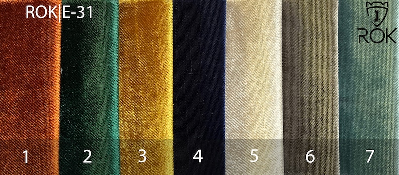 May include: Seven fabric swatches in different colors and textures. The swatches are labeled with numbers 1 through 7. The text "ROKiE-31" is at the top of the image.