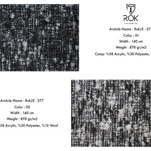 Puede incluir: Primer plano de una tela texturizada con un patr&oacute;n moteado en tonos negros, blancos y grises. La tela tiene 140 cm de ancho y pesa 878 g/m2. Composici&oacute;n: 58% acr&iacute;lico, 30% poli&eacute;ster, 12% lana. Art&iacute;culo: Rok|E-277.