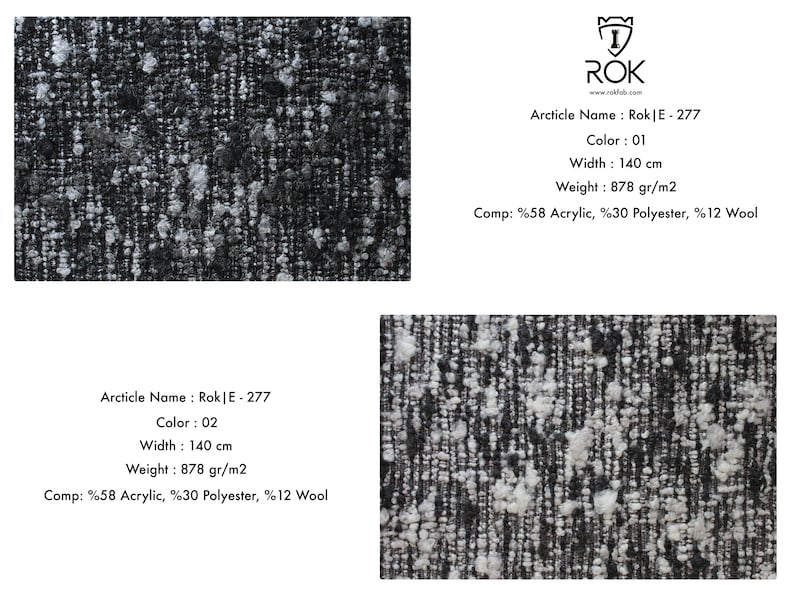 Puede incluir: Primer plano de una tela texturizada con un patr&oacute;n moteado en tonos negros, blancos y grises. La tela tiene 140 cm de ancho y pesa 878 g/m2. Composici&oacute;n: 58% acr&iacute;lico, 30% poli&eacute;ster, 12% lana. Art&iacute;culo: Rok|E-277.