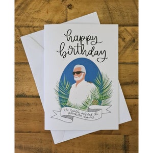 May include: A white card with the text "happy birthday" in black cursive writing. A cartoon illustration of a man with sunglasses and a white shirt is in a blue circle surrounded by green palm leaves. The text "we really screwed the pooch on this one" is on a white ribbon.