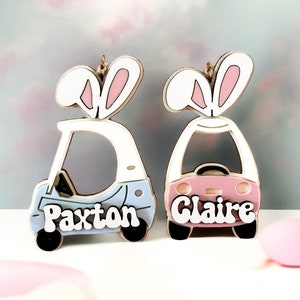 Cute Customizable Little Kid Push Car With Bunny Ears Easter Basket Name Tag Laser Cut Digital File | Front & Side Views | Glowforge