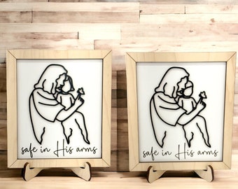 Jesus Christ Holding Boy and Girl "Safe in His Arms" Line Art with Easel Laser Cut Digital File | Child Loss | Memorial | Heaven | Glowforge