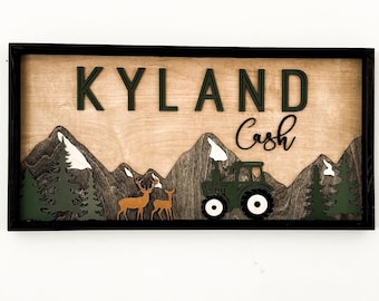 Cute Customizable Mountain, Farm, Tractor, Buck Name Nursery Sign Laser Cut Digital File | Boho Baby Room | Farm Boy Room SVG |  Glowforge