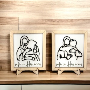 Jesus Christ Hugging Young Man and Young Woman "Safe in His Arms" Line Art w/ Easel Laser Cut File | Child Loss | Memorial Gift | Glowforge