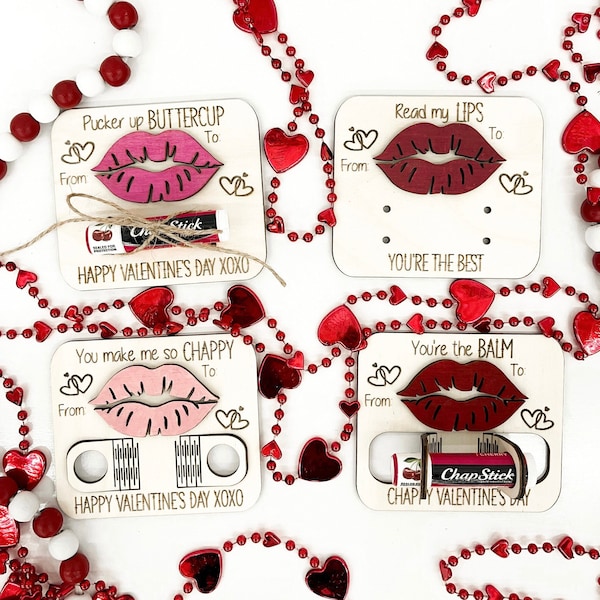 Cute Chapstick Lip Gloss Holder Valentine's Day Cards Laser Cut File | Custom Living Hinge or Tie Valentines | Glowforge | Valentine SVG