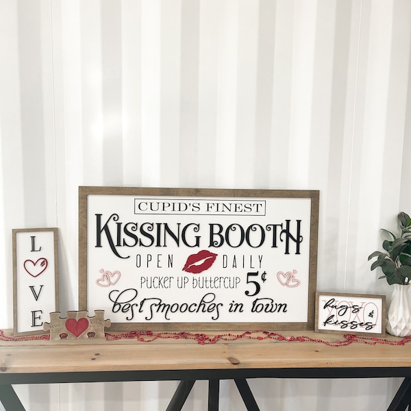 Cute Valentines Day Mantle Set Kissing Booth, LOVE, Hugs & Kisses, and Freestanding Puzzle Laser Digital Files | 4 Designs | Glowforge Size