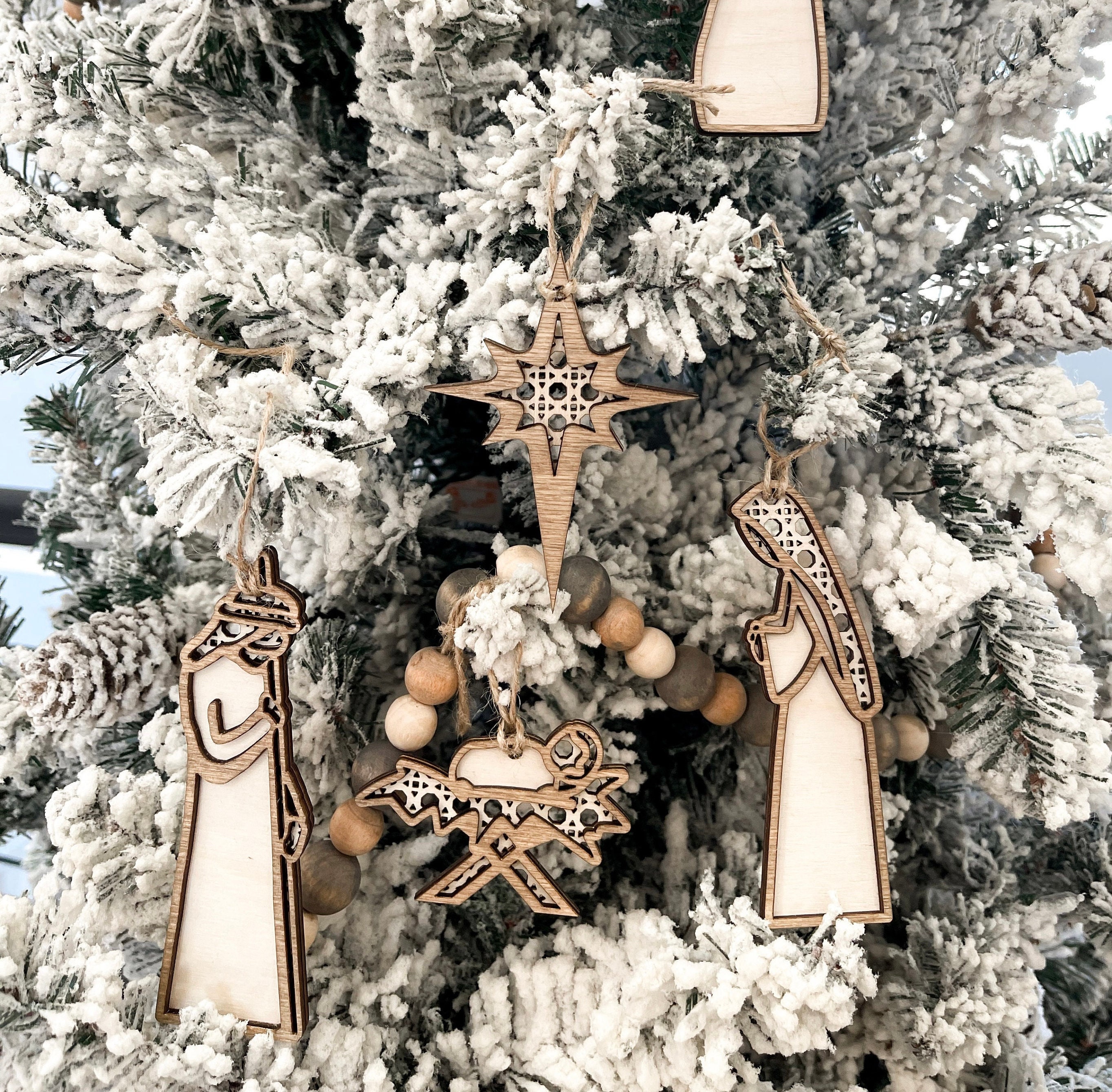 Rattan Nativity Christmas Tree Ornaments Laser Cut Digital File | 14 Ornaments | Boho Christmas Decor | Boho Nativity | Jesus | Glowforge