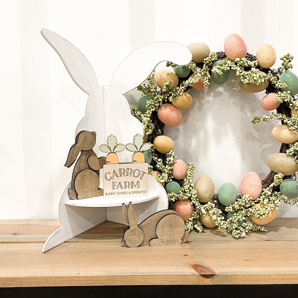 Cute Bunny Shelf with Carrot Farm Sign and Freestanding Bunnies Laser Cut Digital File | Easter Decor | Easter Tiered Tray | Glowforge