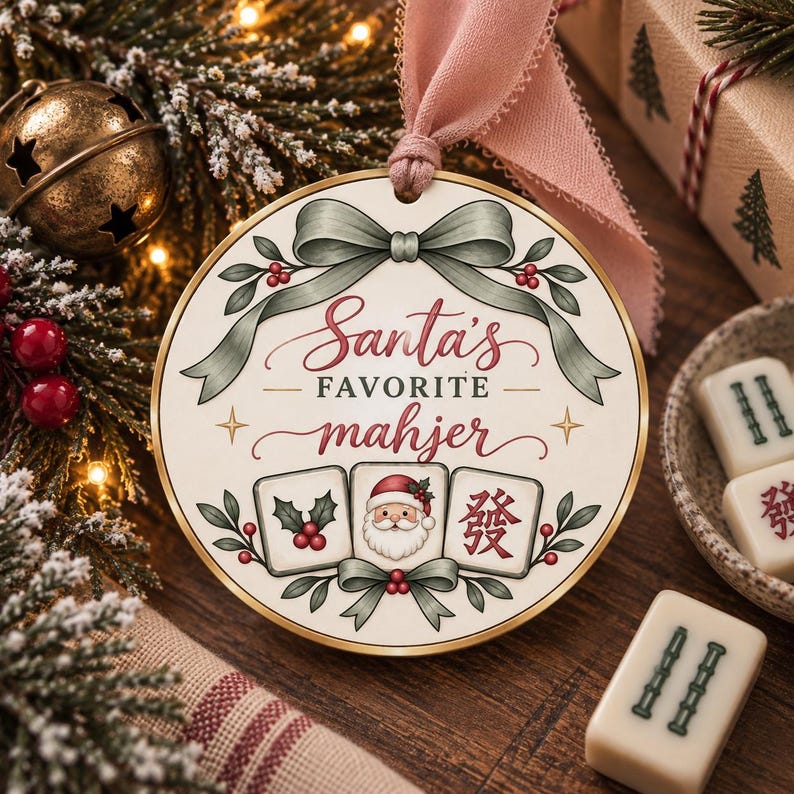 May include: A round, cream-colored ceramic ornament featuring a green ribbon bow at the top and a pink fabric hanger. The text reads Santa's FAVORITE mahjer, accompanied by illustrations of three mahjong tiles with holly, Santa, and red symbols.