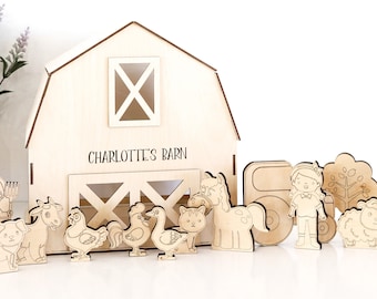 Fichier découpé au laser | Grange jouet en bois super mignonne avec animaux de la cour et figurines | Grange personnalisée SVG | Cour de ferme | Cadeau printemps Pâques pour enfant