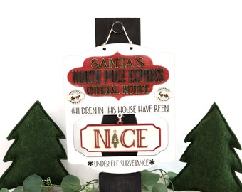 Interchangeable Santa's Nice or Naughty List Sign / Ornament with Freestanding Vintage Column Stand Laser Cut File | Cute Custom Christmas