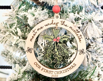 Customizable First Christmas - Family Name Meet Me Under the Mistletoe Christmas Ornament Laser Cut File | Wedding Gift SVG  | Cute Ornament