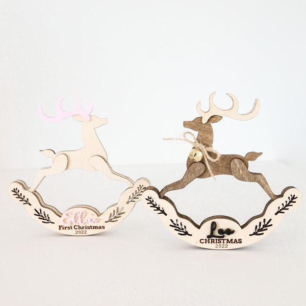 Customizable Rocking Reindeer Christmas Ornament and Freestanding Rocking Reindeer Laser Cut File | First Christmas Ornament | Glowforge