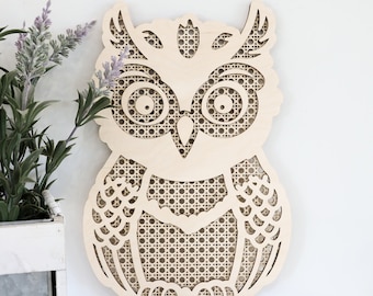 Laser Cut Digital File | Rattan Owl | Boho Owl | Owl Nursery Decor | Cute Owl Sign | Owl Wall Hanging | Owl SVG | Layered Owl | Glowforge
