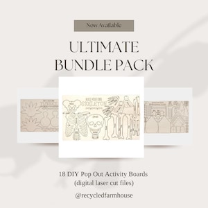 May include: An Ultimate Bundle Pack of 18 DIY pop-out activity boards, including a skeleton, turkey, and gingerbread house designs. The boards are made from laser-cut files and are available now.
