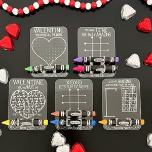 Cute Acrylic Valentine Activity Dry Erase Crayon Holder Card Laser Cut File | Customizable Erasable Valentine's Day Game Boards | Glowforge