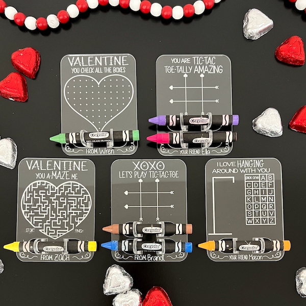 Cute Acrylic Valentine Activity Dry Erase Crayon Holder Card Laser Cut File | Customizable Erasable Valentine's Day Game Boards | Glowforge