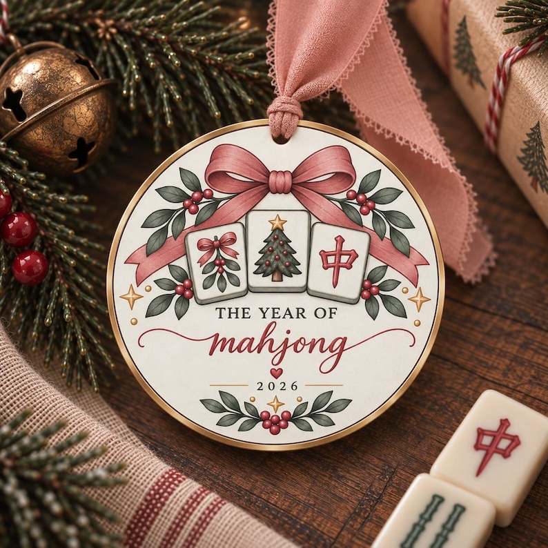 May include: A round ceramic ornament with a gold rim and a pink ribbon, featuring three mahjong tiles, a pink bow, holly leaves, and berries. The text reads THE YEAR OF mahjong 2026, decorated with small stars and a heart icon.
