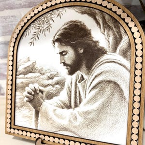 Mooie Jezus Christus bidt in de tuin van Gethsemane schets met kraallijst en ezel lasergesneden digitaal bestand | Perfect cadeau | Geloof |SVG