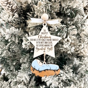 Fichier numérique découpé au laser de belle boule de Noël | L'étoile de Noël la plus brillante | Enfant Jésus | Ornement centré sur le Christ | Gérante