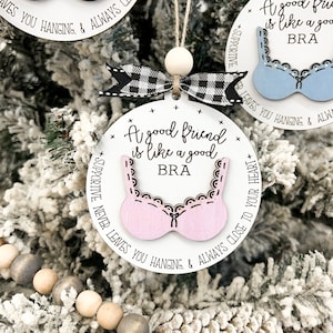 May include: A white round ornament with a pink bra cutout and the text "A good friend is like a good BRA" with the text "SUPPORTIVE. NEVER LEAVES YOU HANGING, & ALWAYS CLOSE TO YOUR HEART" around the edge.