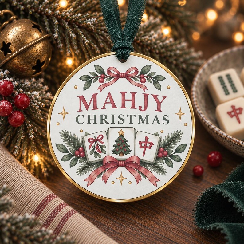 May include: A round white Christmas ornament with a gold rim and a dark green ribbon hanger. The design features red bows, green pine branches, and three mahjong tiles, with the text "MAHJY CHRISTMAS" printed in red and dark green lettering.