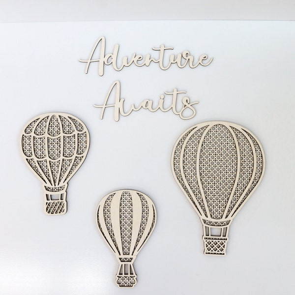 L'avventura attende le mongolfiere in rattan File digitali tagliate al laser / Palloncino carino SVG / Arredamento per asilo nido Boho / Palloncini in legno carini / Glowforge