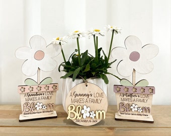 A Mother's / Grandma's Love Makes a Family Bloom & Thanks For Helping Me/Us Bloom Flower Pot and Gift Tag Laser Cut Digital File | Glowforge