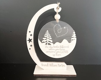 Customizable Memorial "The Sky Looks Different When You Have Someone You Love Up There" Ornament and Stand Laser Cut File | Glowforge