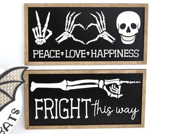 Fright This Way and Peace Love Happiness Skeleton Halloween Laser Cut Digital File | Cute Halloween Sign | Boho Haunted House | Glowforge