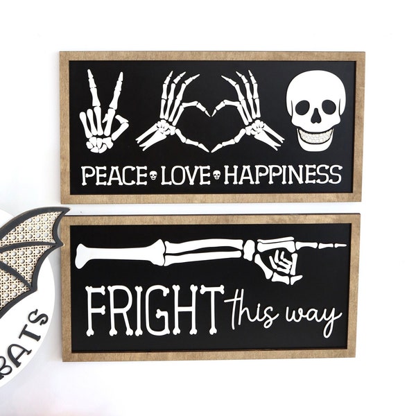 Fright This Way and Peace Love Happiness Skeleton Halloween Laser Cut Digital File | Cute Halloween Sign | Boho Haunted House | Glowforge