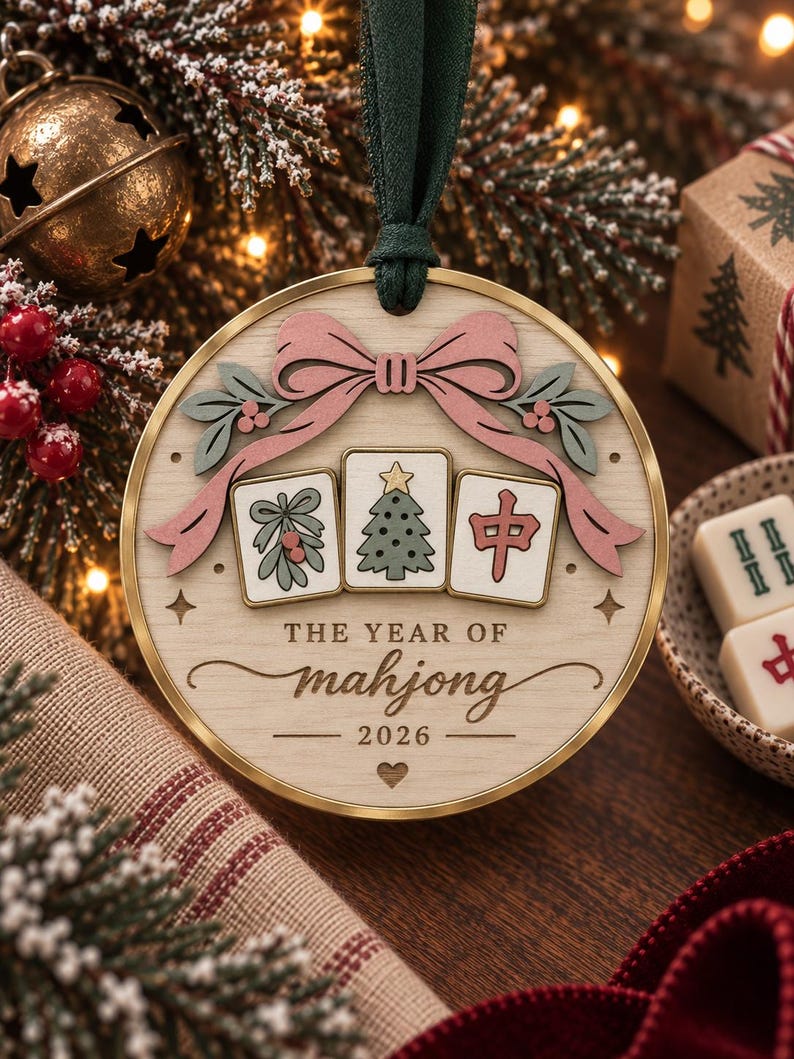 May include: A round wooden Christmas ornament with a gold metal rim and a dark green ribbon hanger. The ornament features a pink bow, three mahjong tiles with holiday designs, and the text "THE YEAR OF mahjong 2026" with a small heart icon.