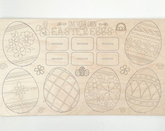 May include: Wooden craft kit for dyeing Easter eggs. The kit includes six blank wooden eggs and four pre-designed eggs with different patterns. The kit also includes a small wooden basket with a handle.