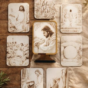 以下が含まれることがあります： セピア調の聖書の場面を描いた宗教芸術作品のコレクション。画像は長方形の木製プラークに表示され、1つの額装された作品がスタンドにあります。このアートワークは、聖書からのさまざまなシーンを描いています。