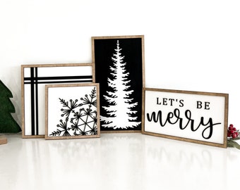 Cute Christmas Mantle Sign Set Laser Cut Digital File | Be Merry | Snowflake | Christmas Tree | Stripes | Plaid | Black & White | Glowforge