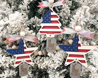 Customizable Military Family, Mom, Dad, Veteran, Proud Flag Dog Tag Ornament Laser Cut Digital File | American | Patriotic SVG | Glowforge