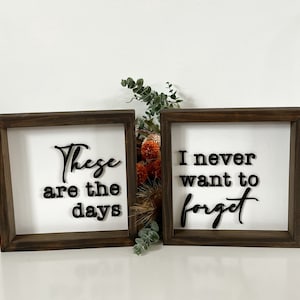 May include: Two wooden framed signs with white backgrounds and black lettering. The left sign says "These are the days" and the right sign says "I never want to forget".