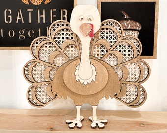 Freestanding and Shelf Sitter Rattan Thanksgiving Turkey Laser Digital Cut File | Cute Turkey | Boho Thanksgiving | Wood Turkey | Glowforge