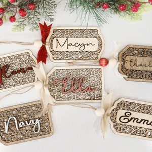 Cute Stocking Name Tags Laser Cut File | Cane Rattan, Basket Weave, and Rope Weave Stocking Name Tags | Custom Name Ornament | Glowforge