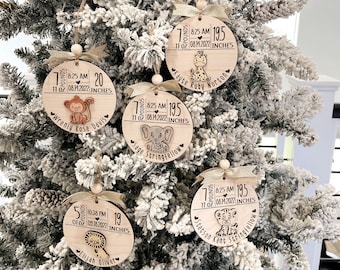 Customizable Cute Birth Announcement Stats Charm / Ornament Laser Digital File | Includes Lion, Tiger, Giraffe, Monkey, Elephant | Glowforge