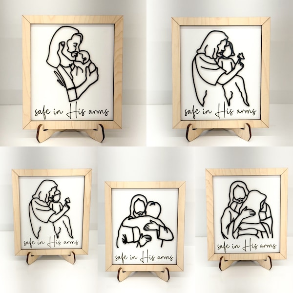 Jesus Christ w/ Baby, Boy, Girl, Young Man, & Young Woman "Safe in His Arms" Line Art Bundle w/ Easel Laser Cut File | Child Loss | Angel