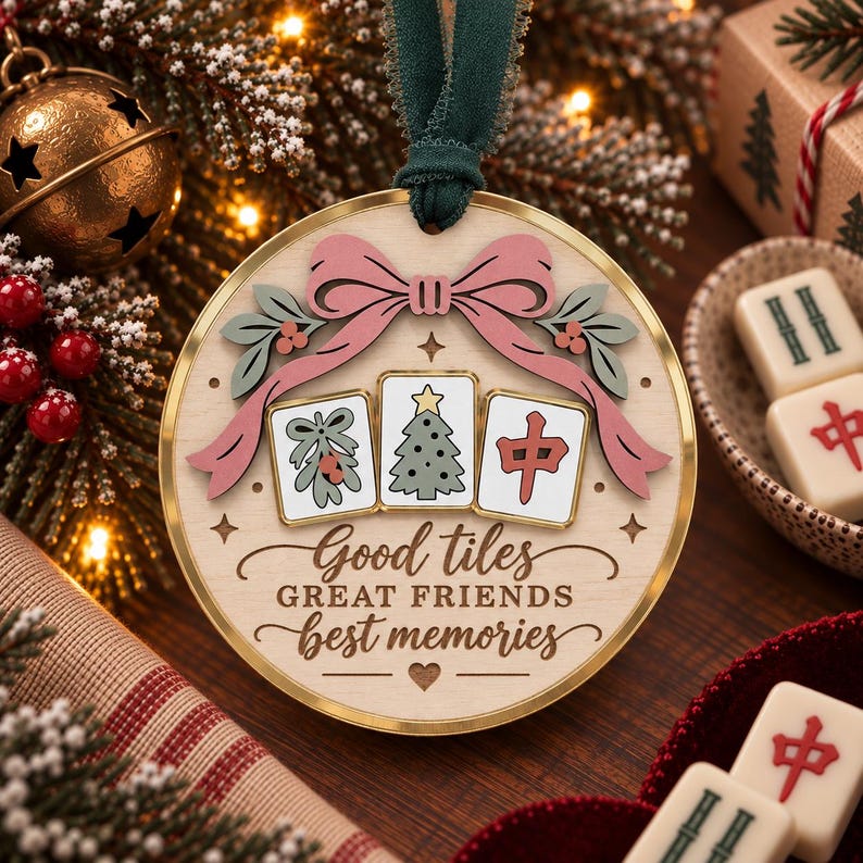 May include: A round wooden Christmas ornament with a gold metal rim and a dark green velvet ribbon. The ornament features a pink bow, three mahjong tiles with holiday designs, and the text "Good tiles GREAT FRIENDS best memories".