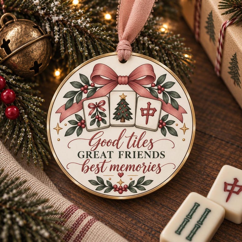 May include: A round, cream-colored Christmas ornament featuring a pink ribbon hanger. The design includes three mahjong tiles, holly leaves, and berries, with the text "Good tiles GREAT FRIENDS best memories" printed in dark red and black script.