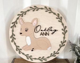 Cute Customizable Woodland Deer Baby Nursery Name Round Laser Cut Digital File | Woodland Themed Nursery | Custom Name Round | Glowforge